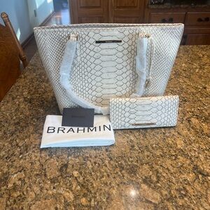 Brahmin Cream Embossed Tote and Wallet Set